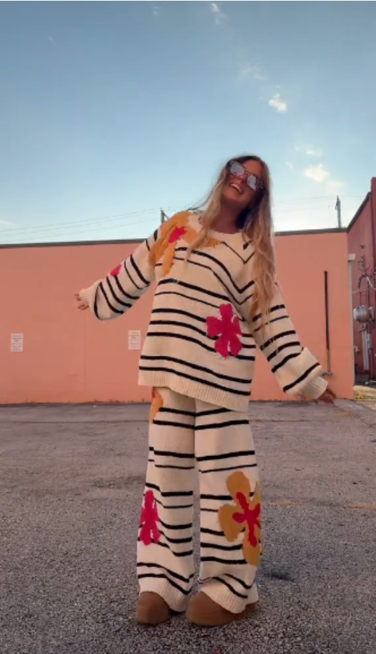 Striped Floral Knit Co - ord Set-aritzao