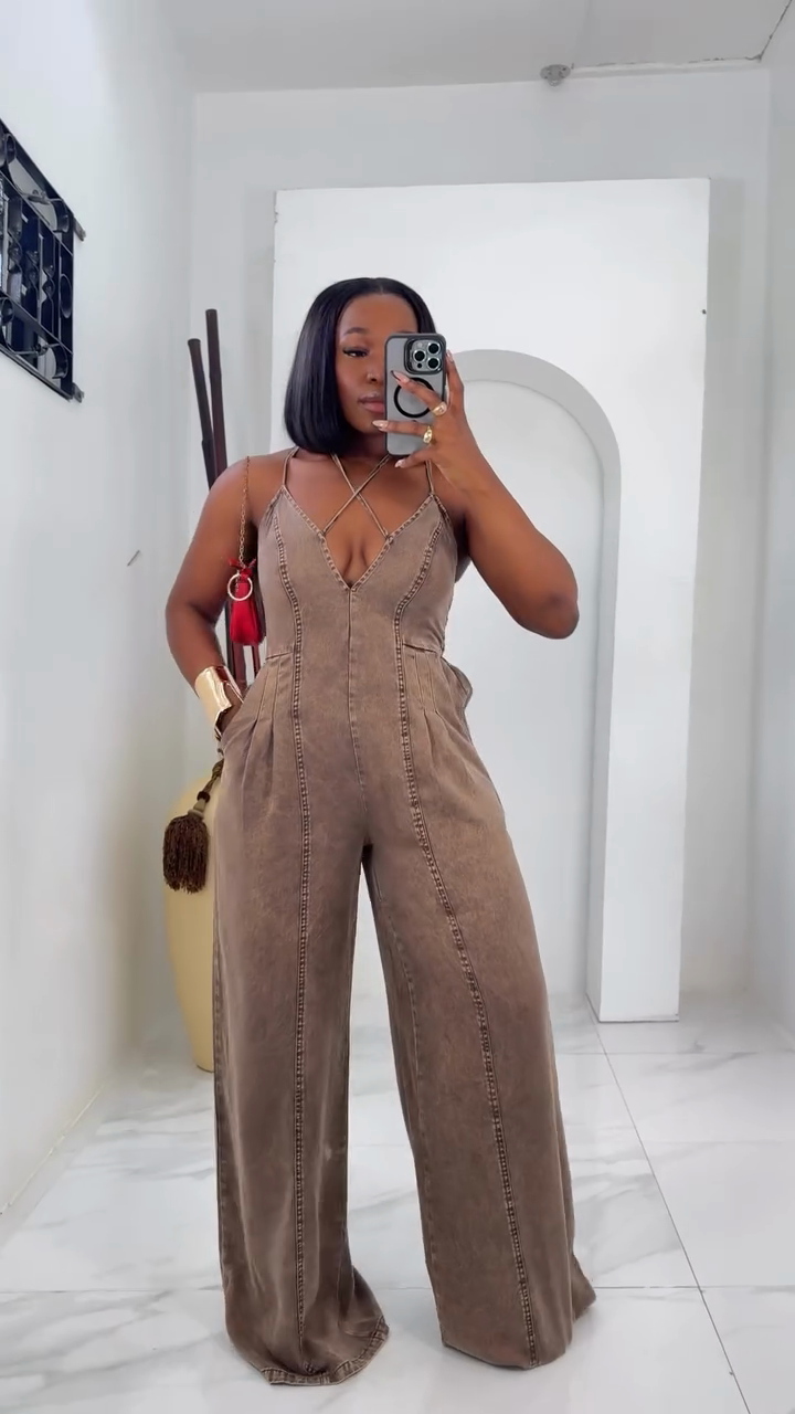 Brown Denim Strappy Jumpsuit