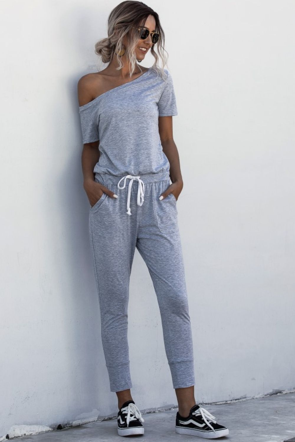 Asymmetrical Neck Tied Jumpsuit with Pockets-aritzao