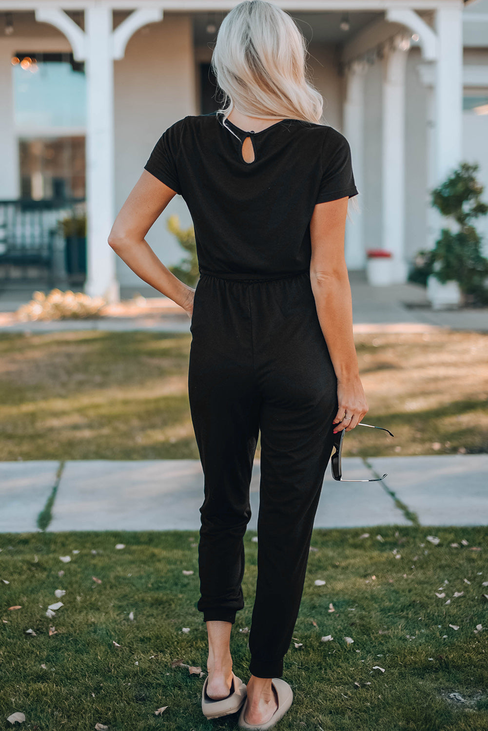 Belted V-Neck Jogger Jumpsuit-aritzao