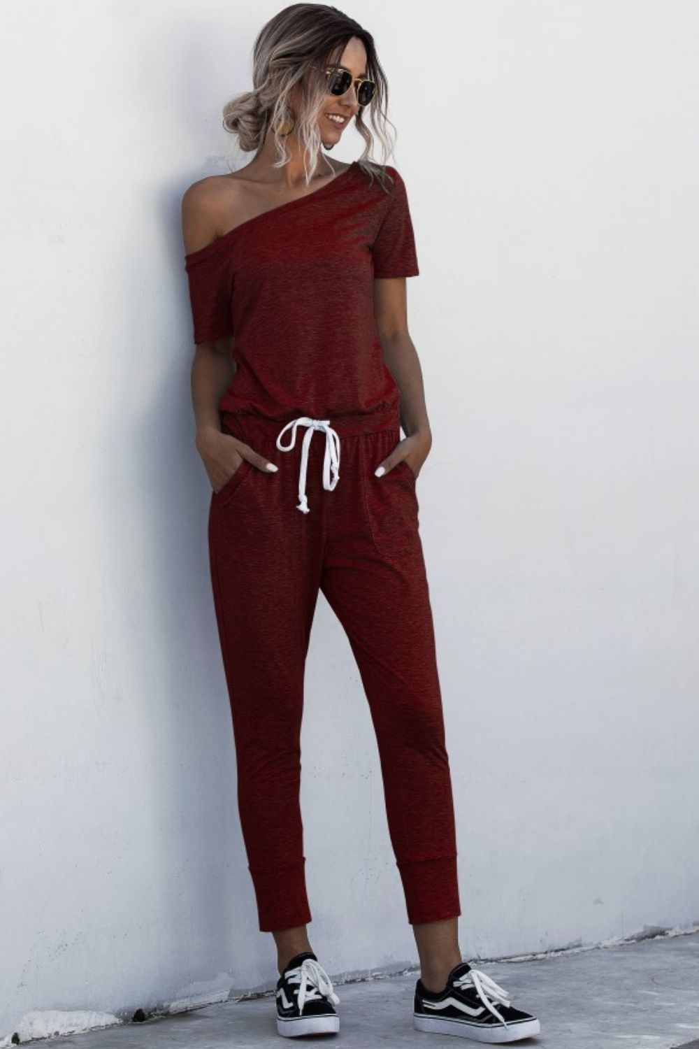 Asymmetrical Neck Tied Jumpsuit with Pockets-aritzao