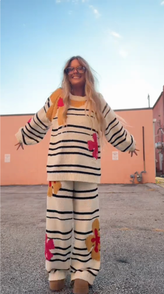 Striped Floral Knit Co - ord Set-aritzao