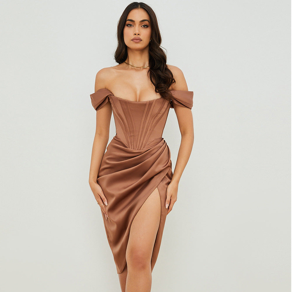 Savannah - Satin Off Shoulder Draped Corset Cocktail Midi Dress-CALLISTARI