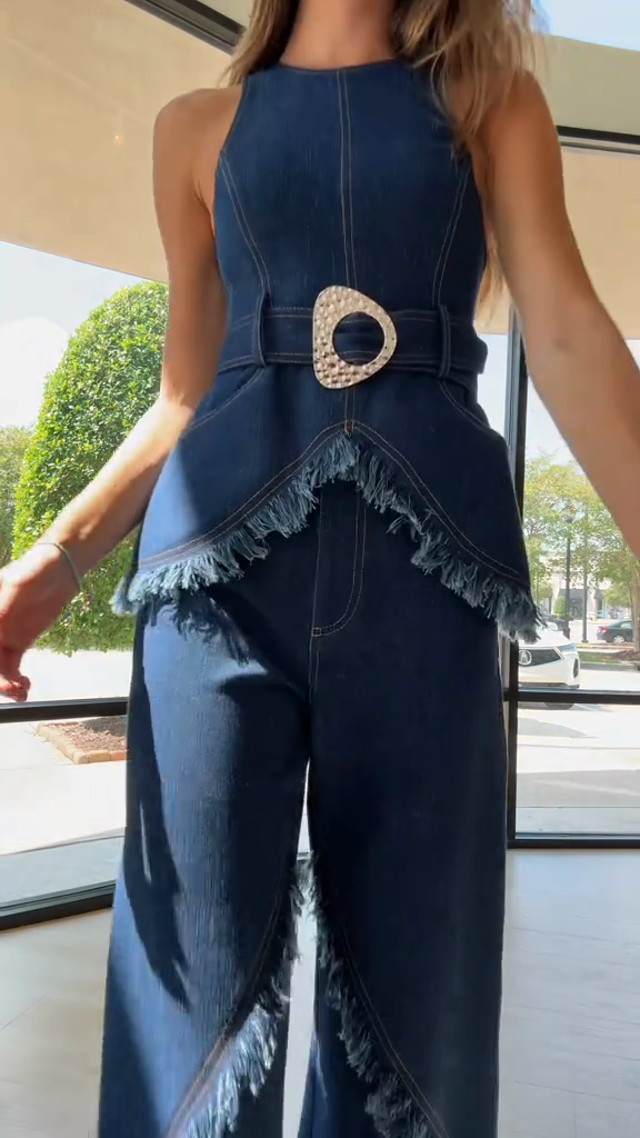 Denim Fringe Peplum Top and Wide - Leg Pants Set