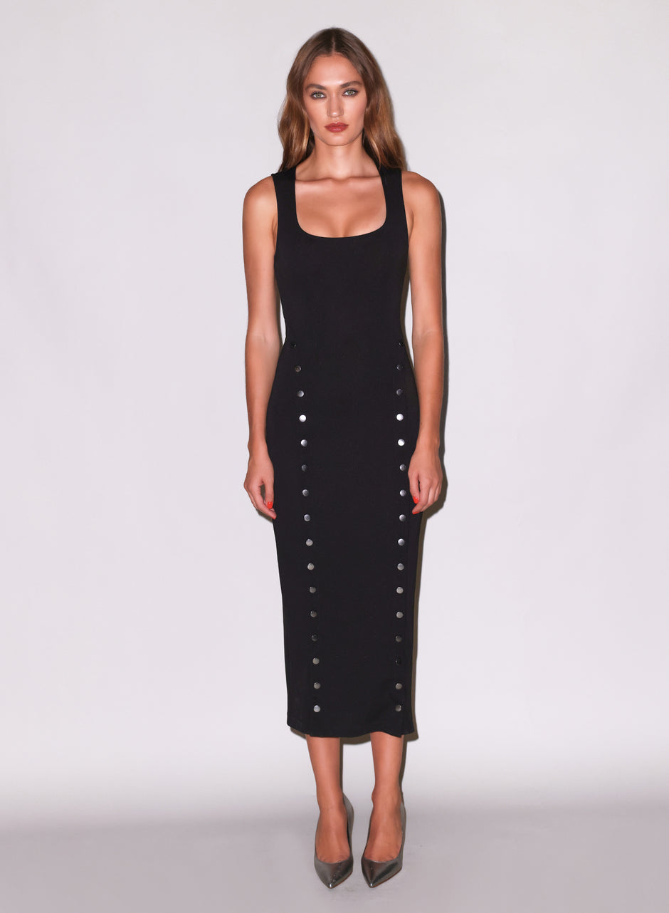 Black Bodycon Midi Dress with Silver Buttons-aritzao