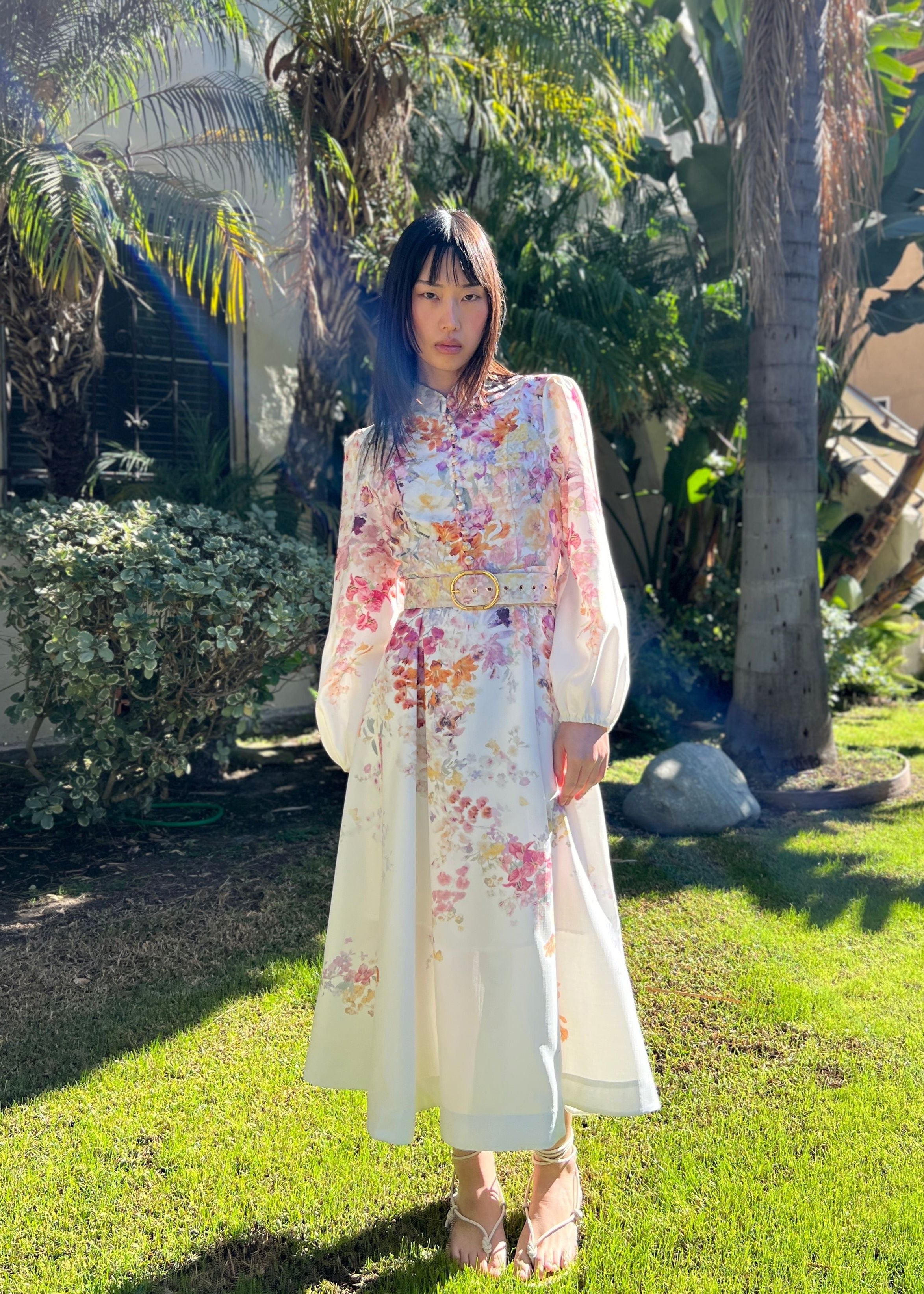 Anastasia Long Puff Sleeve Multicolor Floral Midi Dress