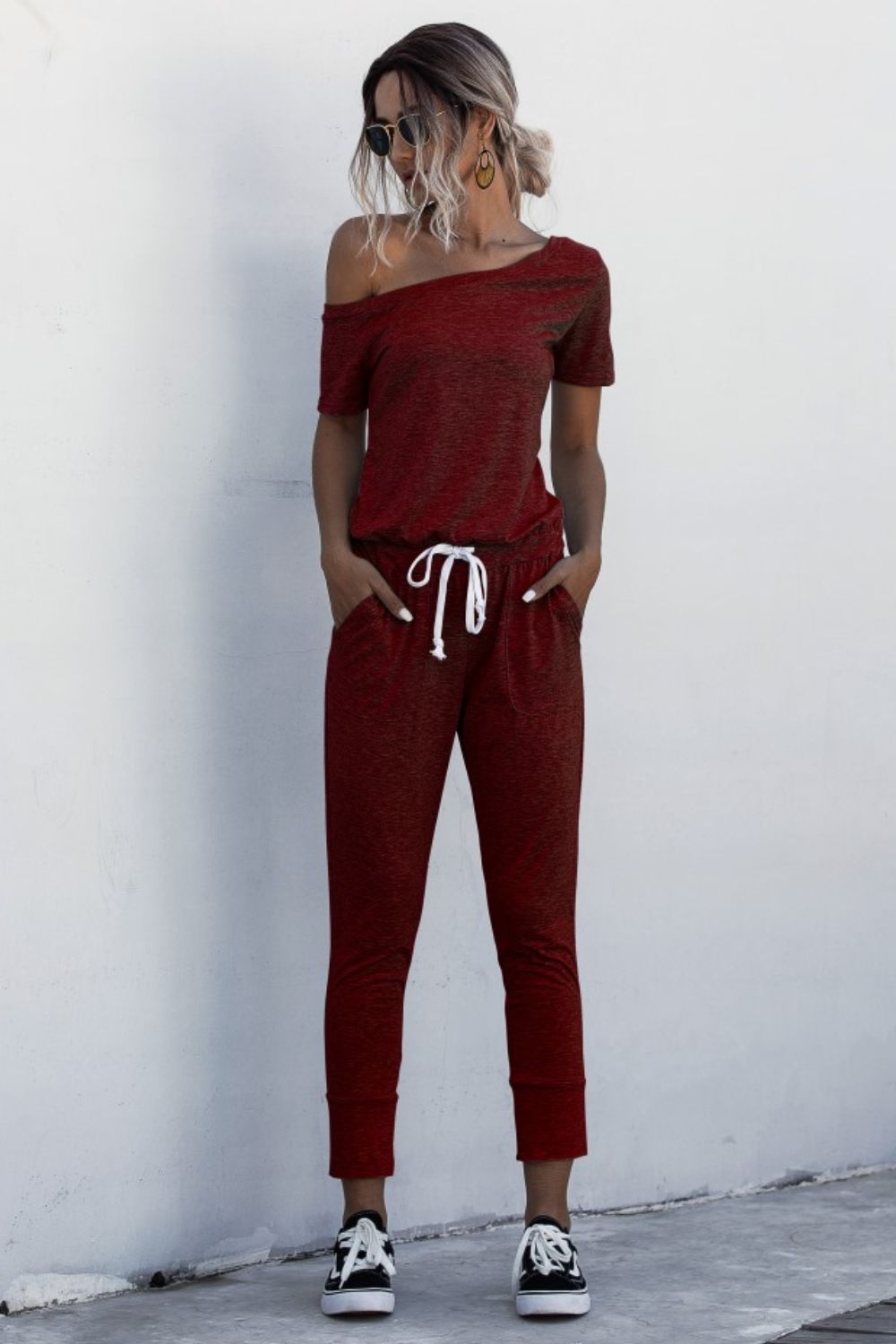 Asymmetrical Neck Tied Jumpsuit with Pockets-aritzao