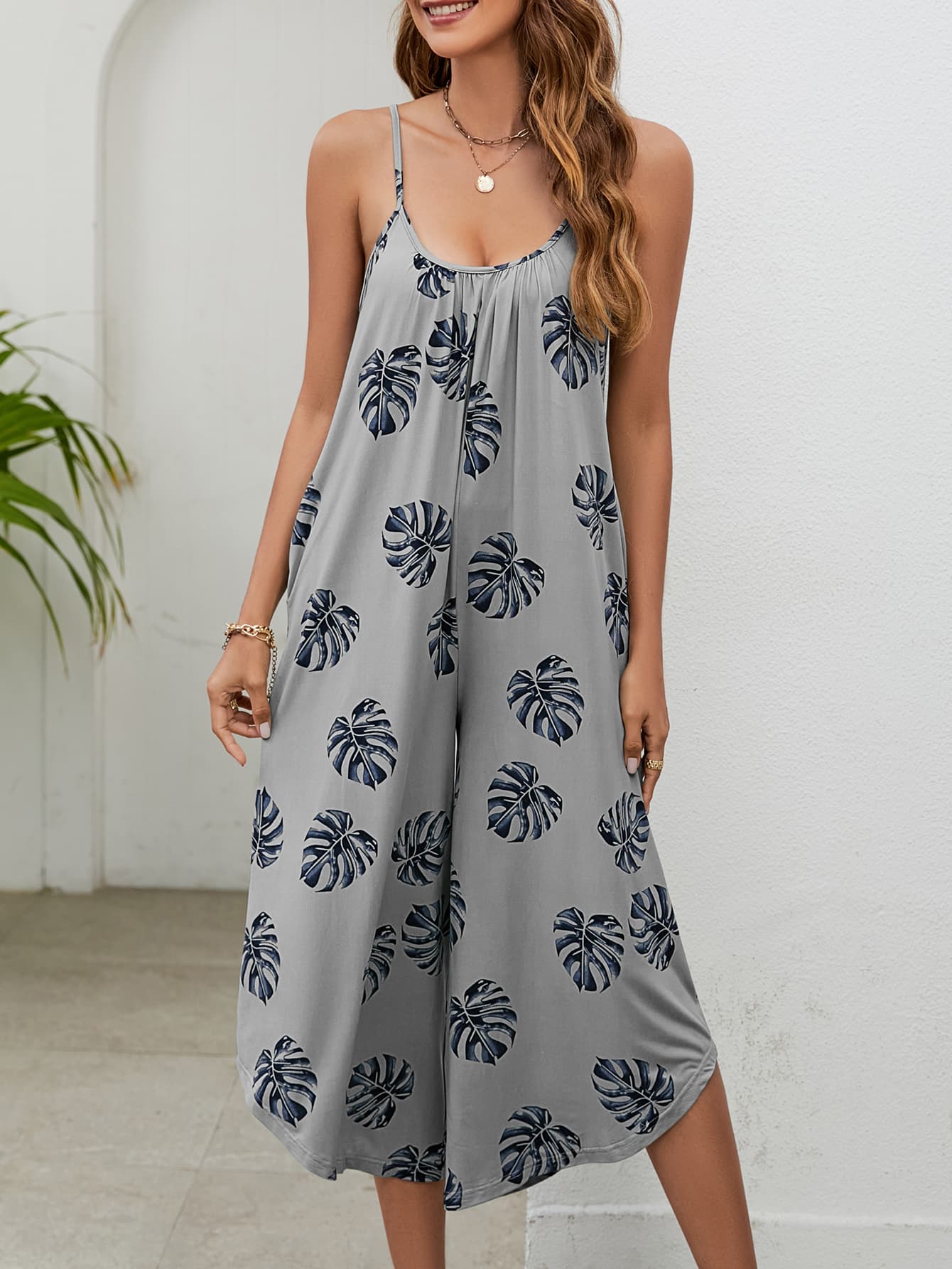 Botanical Print Spaghetti Strap Scoop Neck Jumpsuit-aritzao