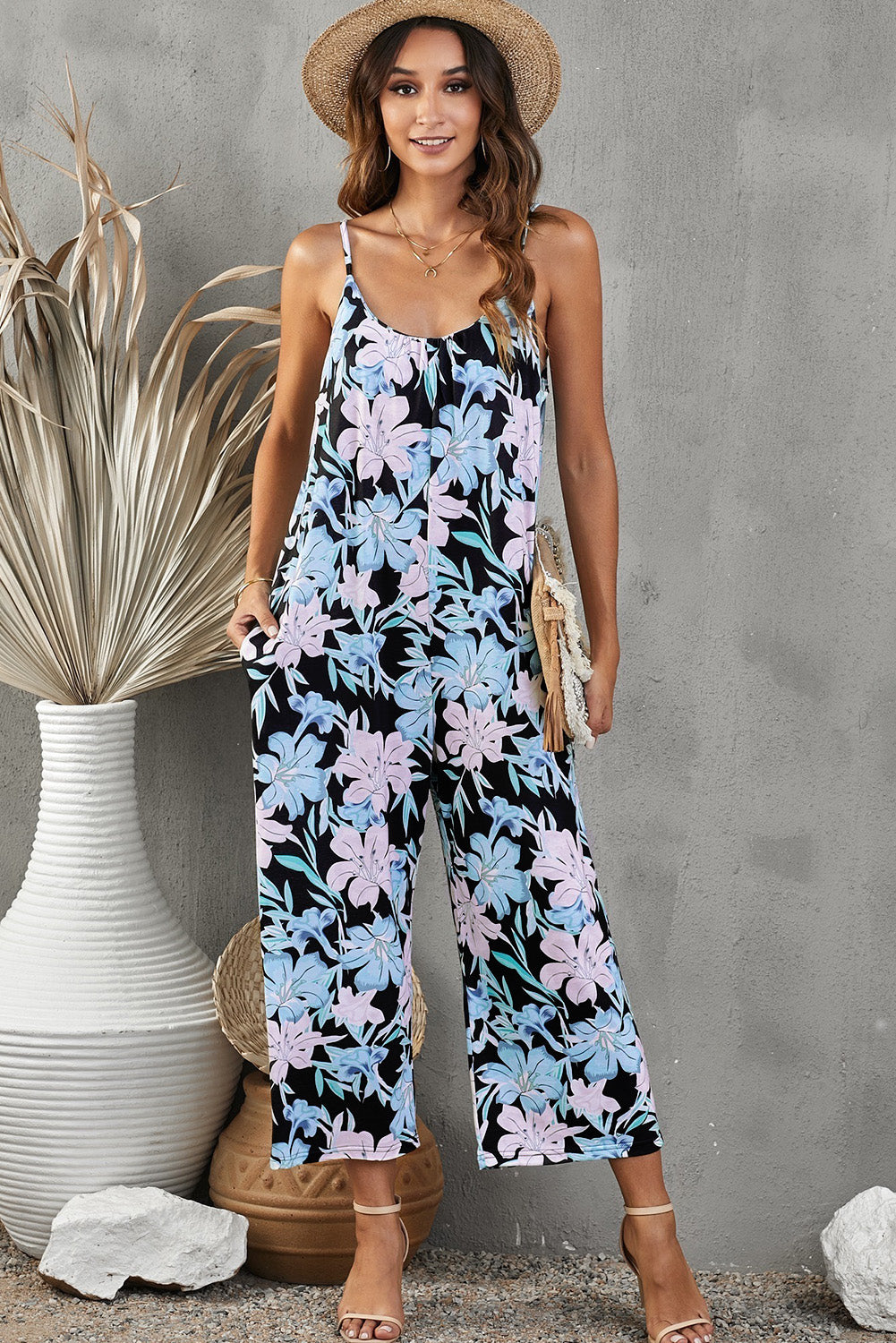 Botanical Print Spaghetti Strap Cropped Jumpsuit-aritzao