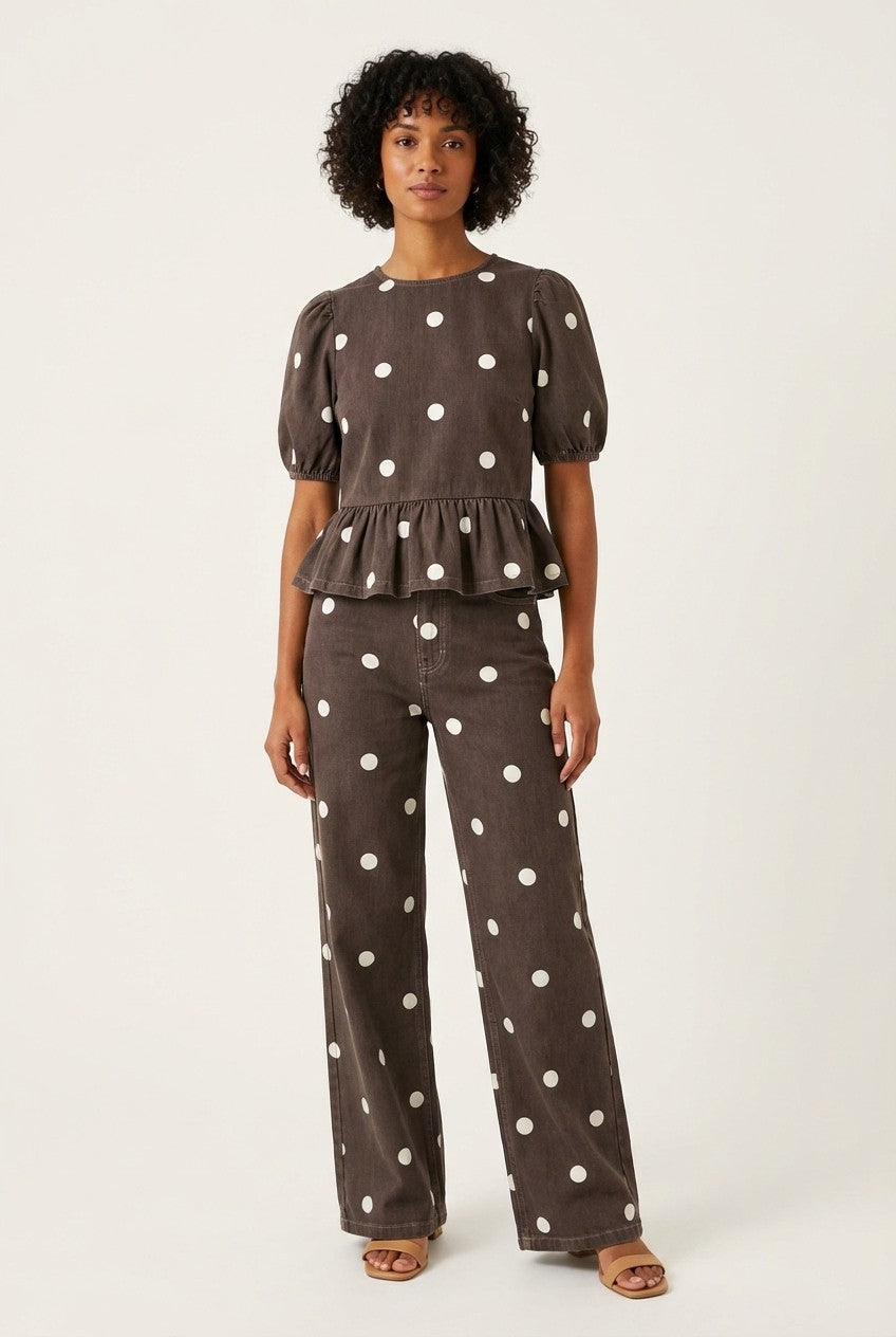 Women's Polka Dot Peplum Blouse and Wide Leg Pants Set