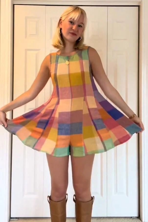 Vibrant Patchwork Grid Sleeveless Jumpsuit-aritzao