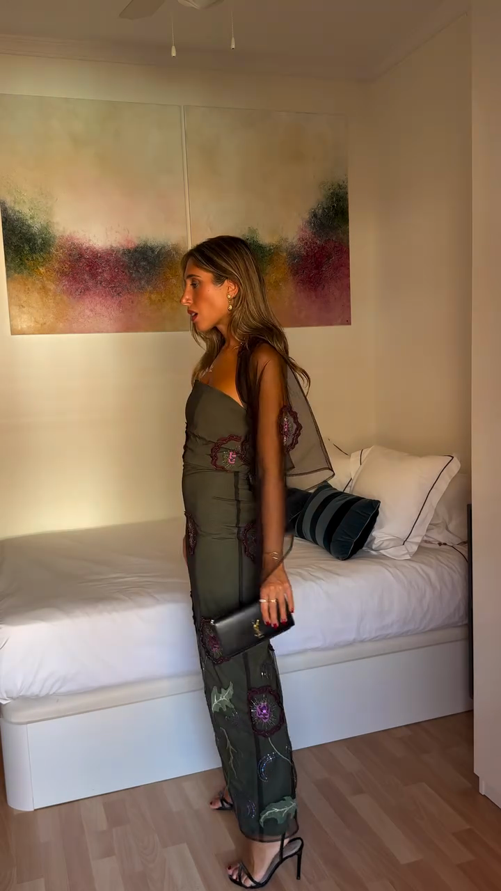 Olive Green Strapless Maxi Dress with Floral Embroidery