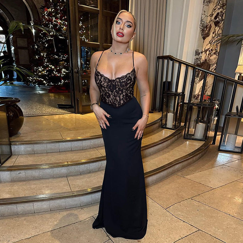 SOPHIA - LACE PANELED V-NECK CAMI MERMAID MAXI DRESS-CALLISTARI