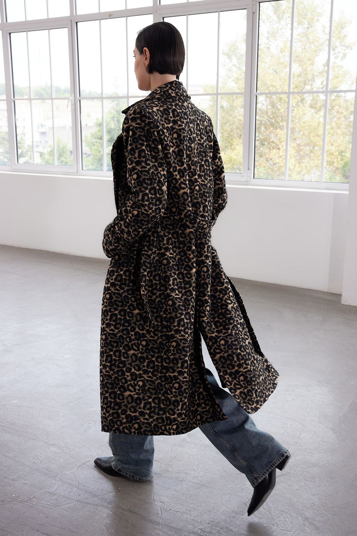 Leopard print long wool coat