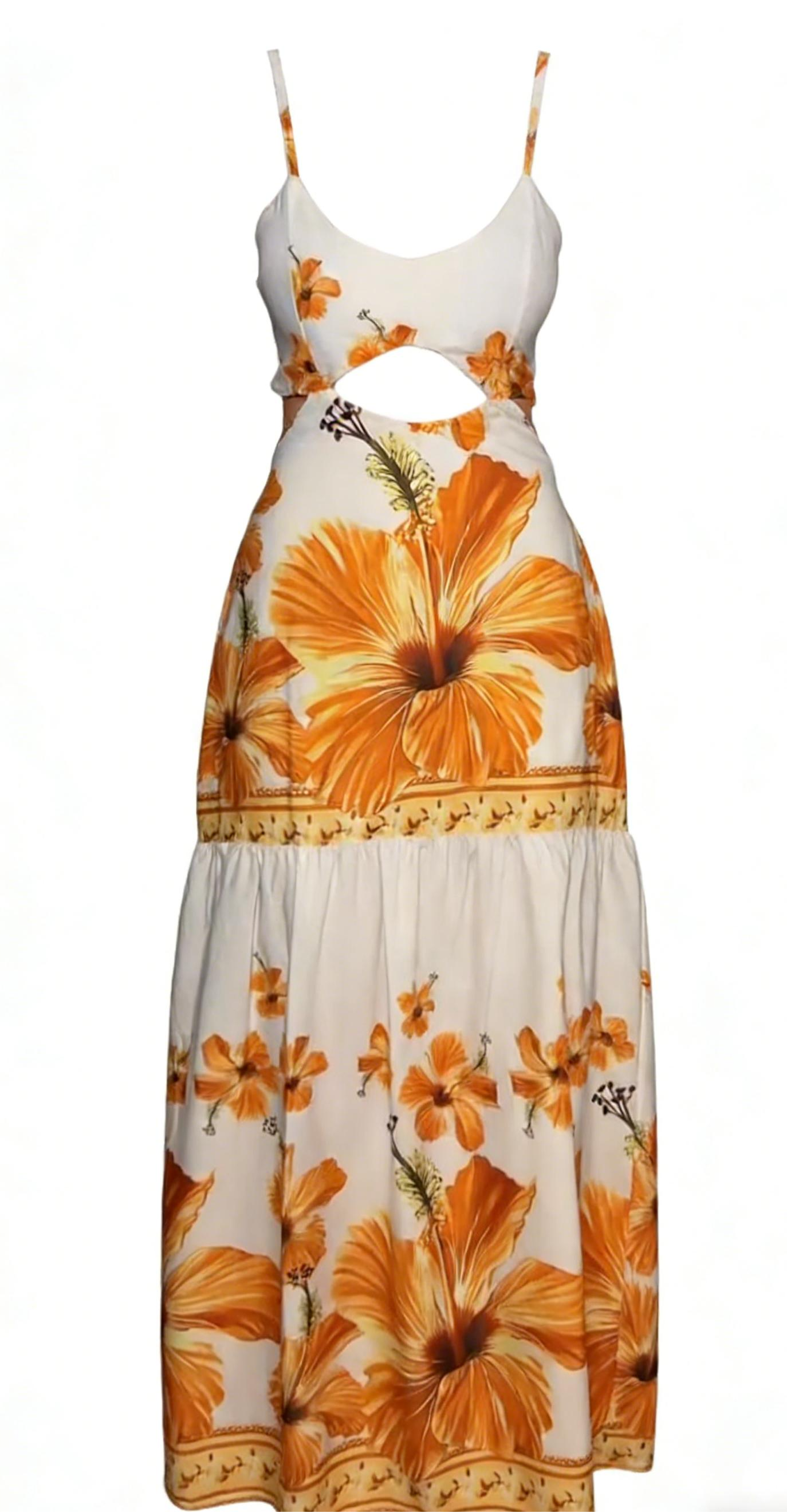White and orange hibiscus flower cutout long dress