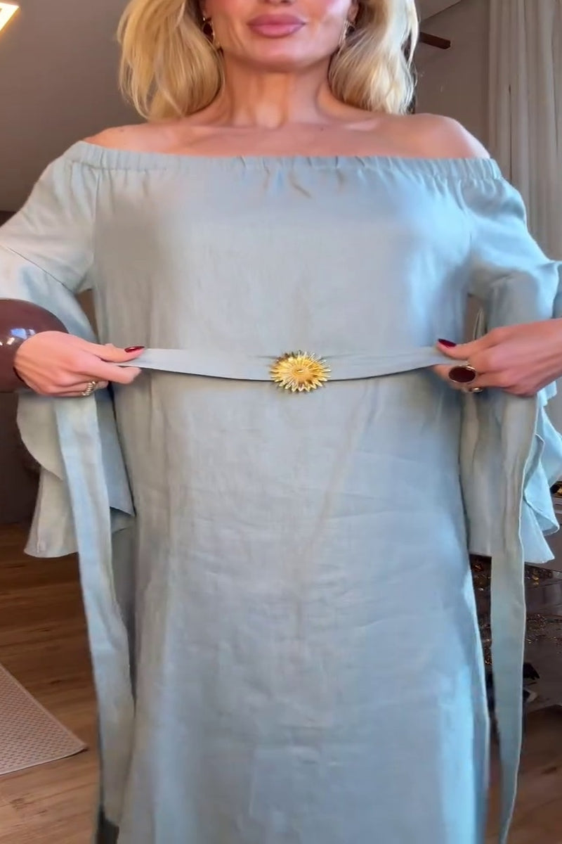 Soft Blue Off-Shoulder Maxi Dress with Ruffle Sleeves-aritzao