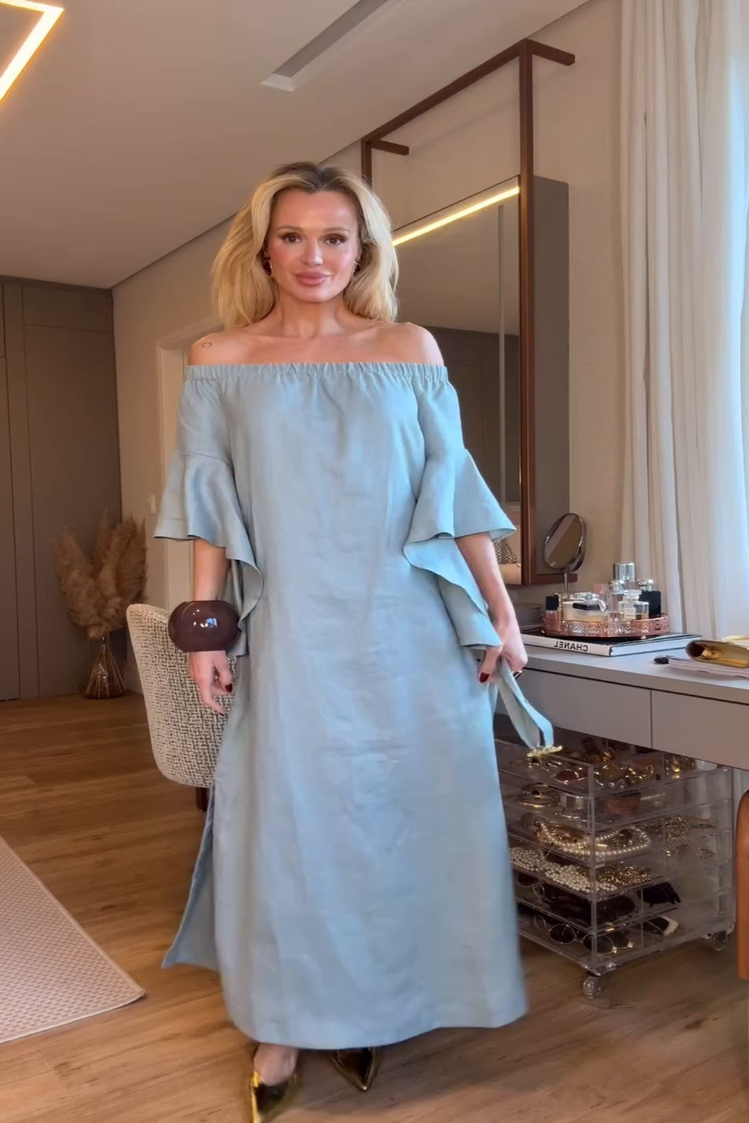 Soft Blue Off-Shoulder Maxi Dress with Ruffle Sleeves-aritzao