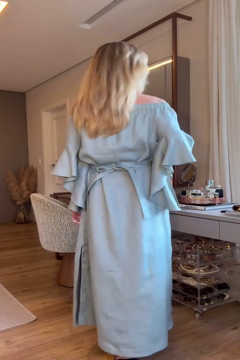 Soft Blue Off-Shoulder Maxi Dress with Ruffle Sleeves-aritzao