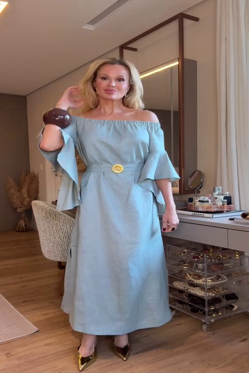 Soft Blue Off-Shoulder Maxi Dress with Ruffle Sleeves-aritzao