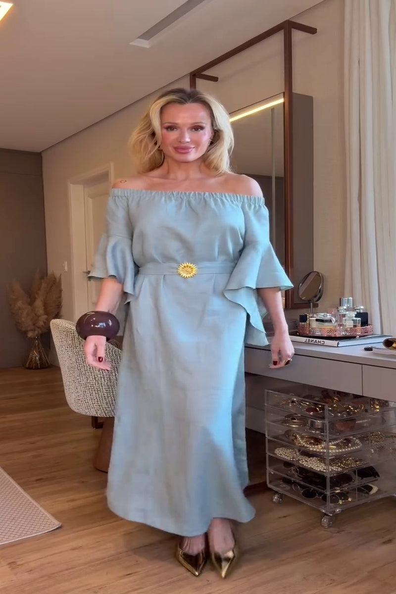 Soft Blue Off-Shoulder Maxi Dress with Ruffle Sleeves-aritzao