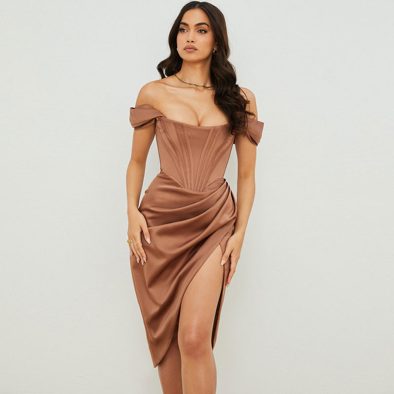 Savannah - Satin Off Shoulder Draped Corset Cocktail Midi Dress-CALLISTARI