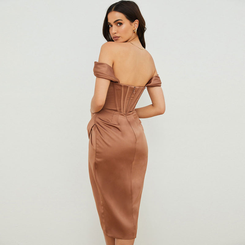 Savannah - Satin Off Shoulder Draped Corset Cocktail Midi Dress-CALLISTARI