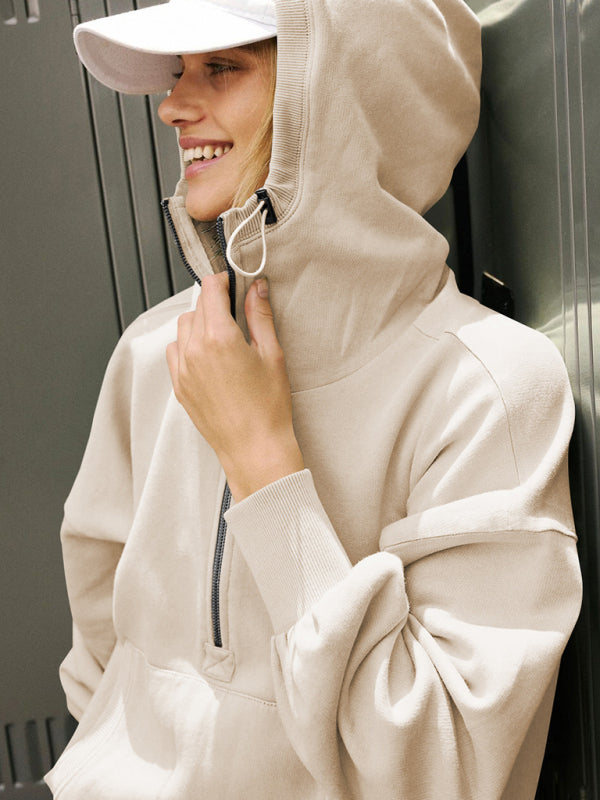 Athletic Drawstring Long Sleeve Half Zipper Hoodie-CALLISTARI