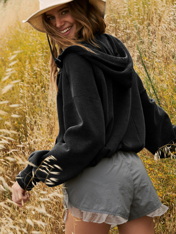 Athletic Drawstring Long Sleeve Half Zipper Hoodie-CALLISTARI