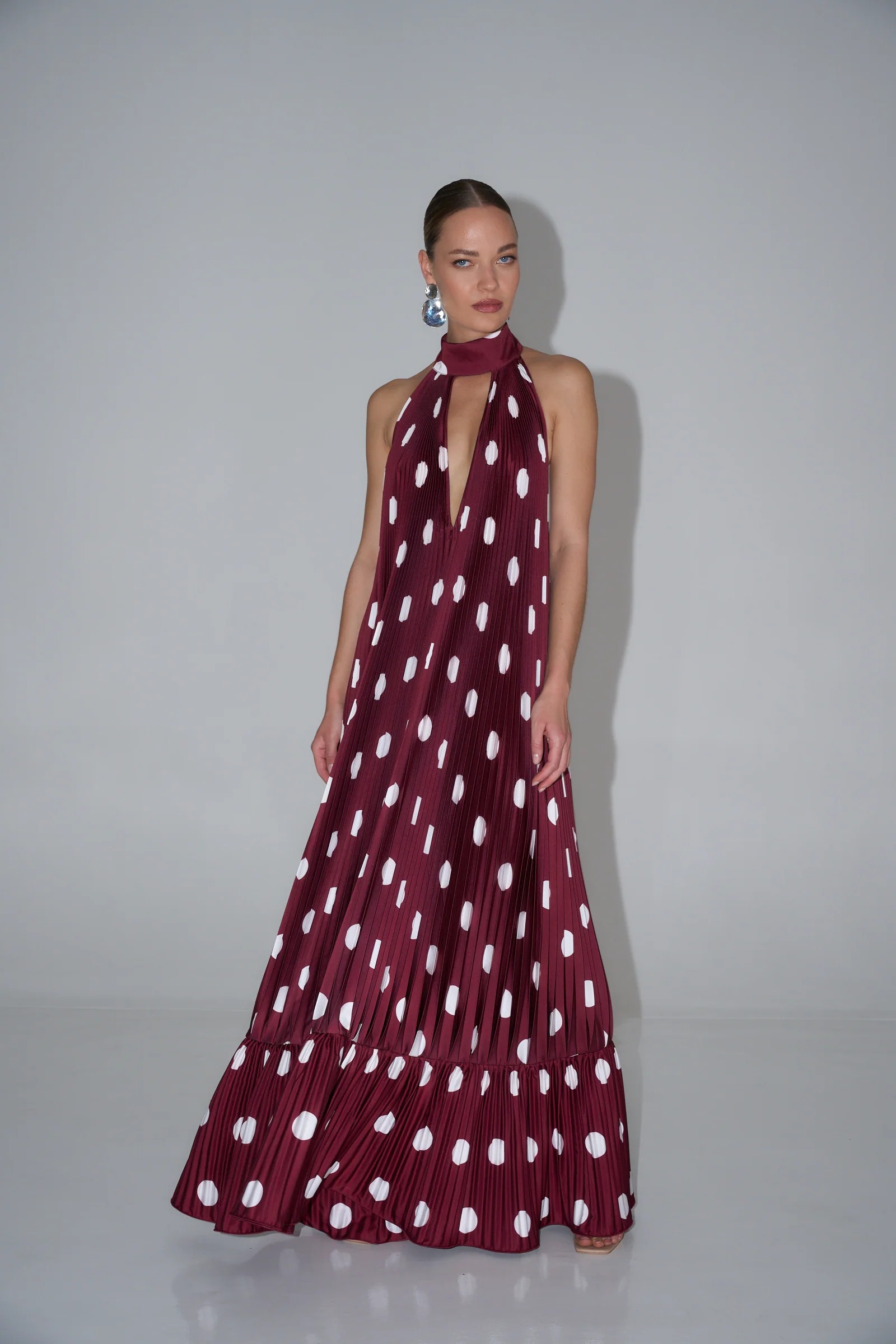 Wine Dot Pleated Halter Maxi Dress
