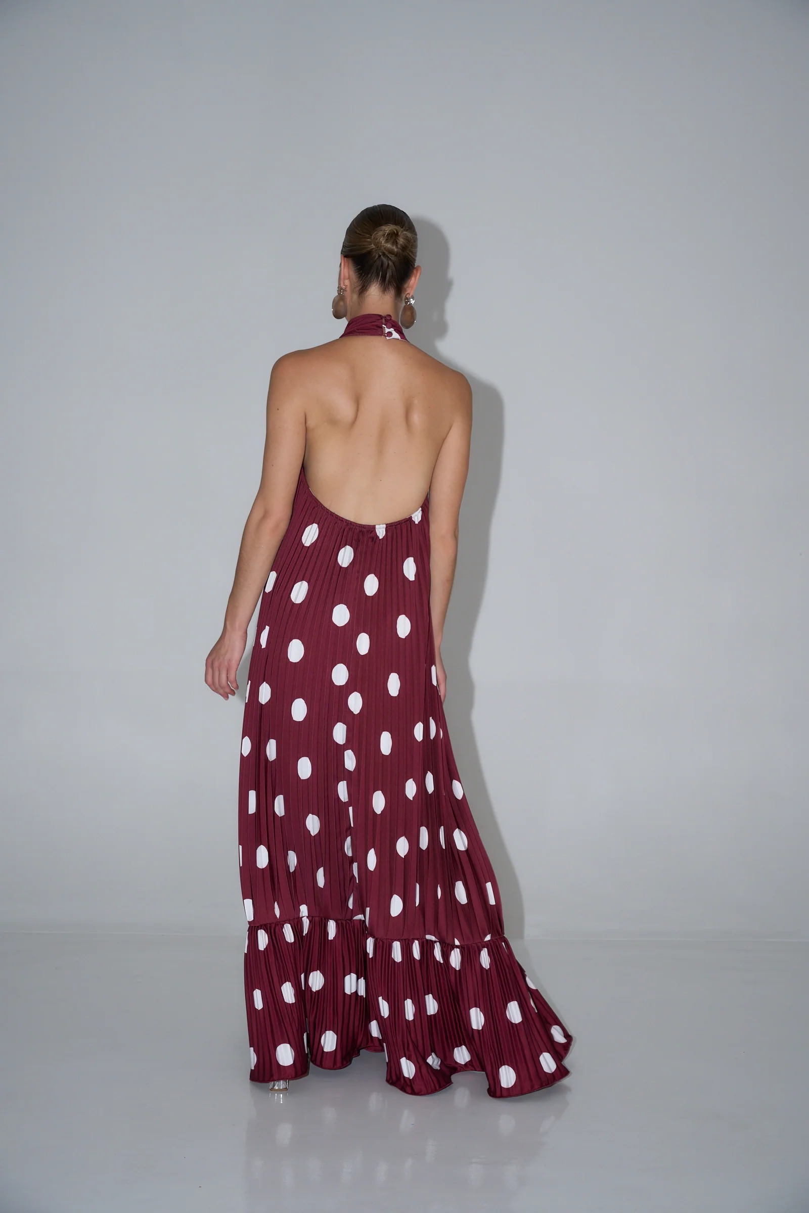 Wine Dot Pleated Halter Maxi Dress