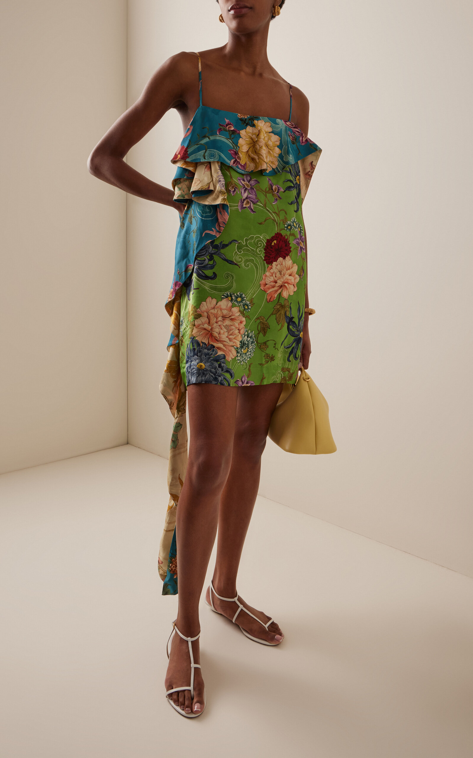 Glam Asymmetric Floral Print Ruffle Mini Dress