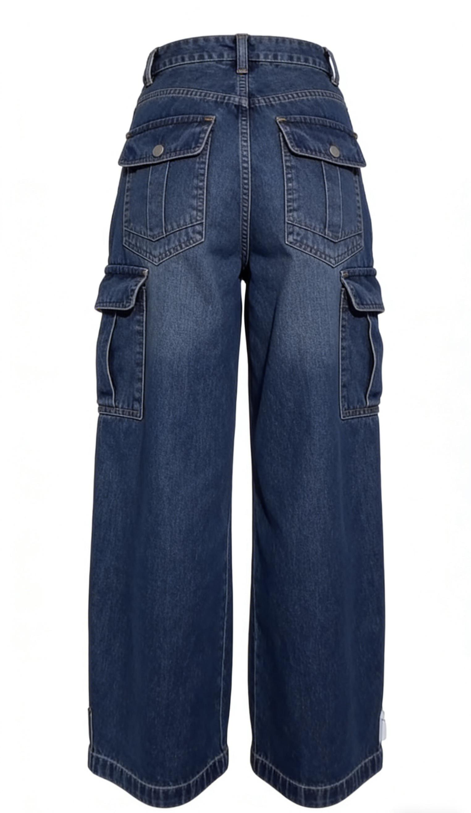 Dark washed wide-leg cargo jeans