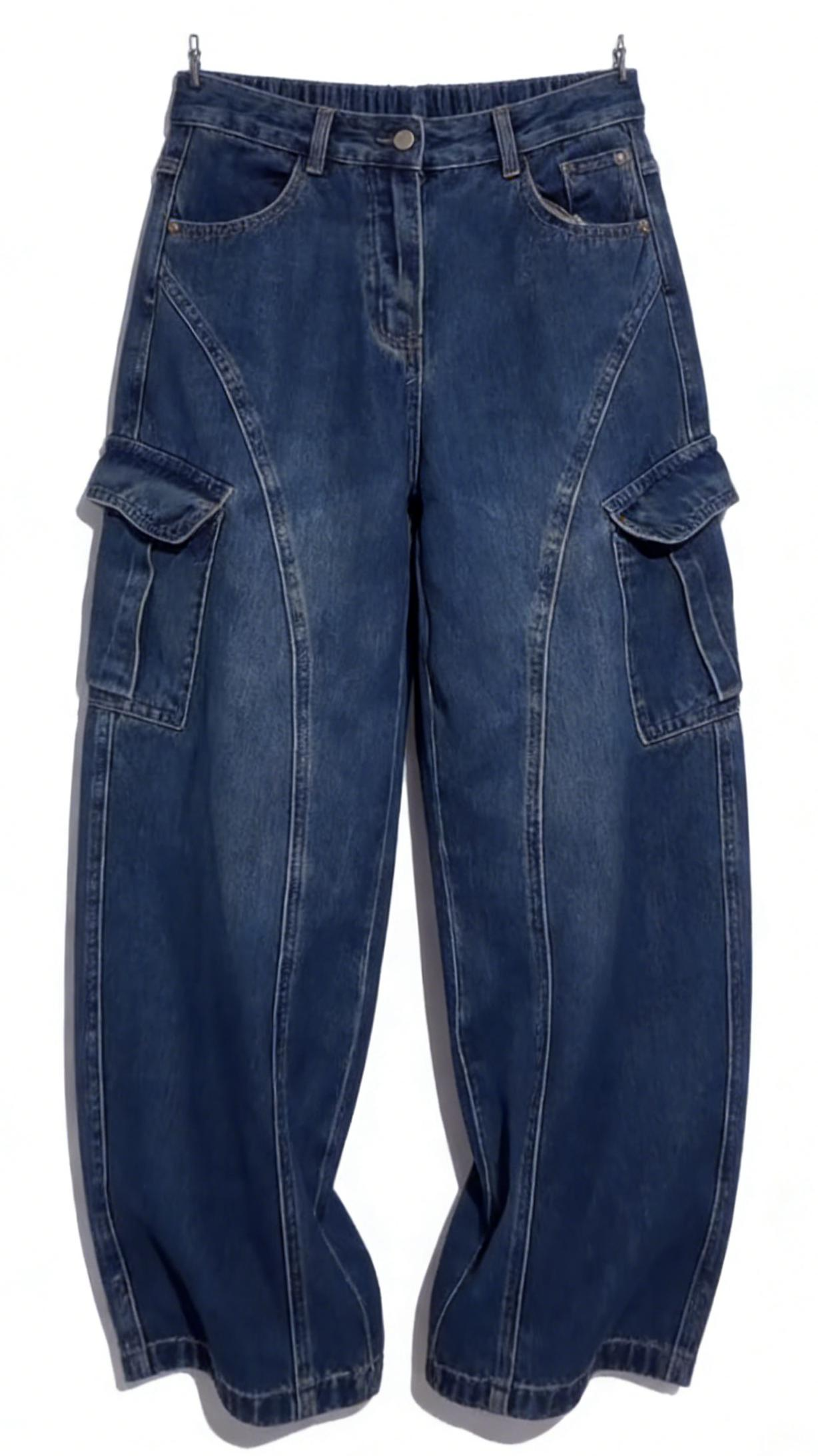 Dark washed wide-leg cargo jeans