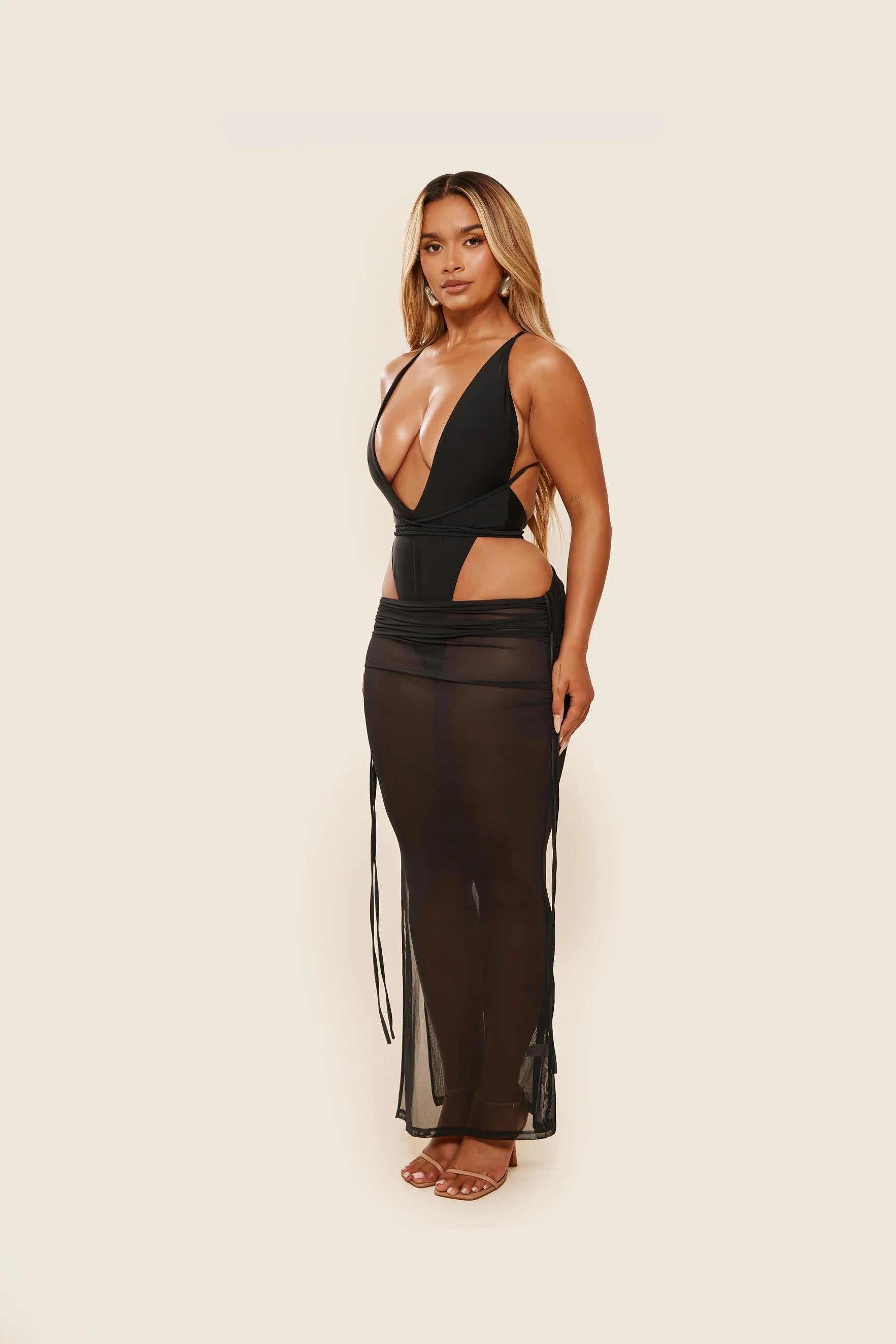 Black Sheer Maxi Skirt Set-aritzao