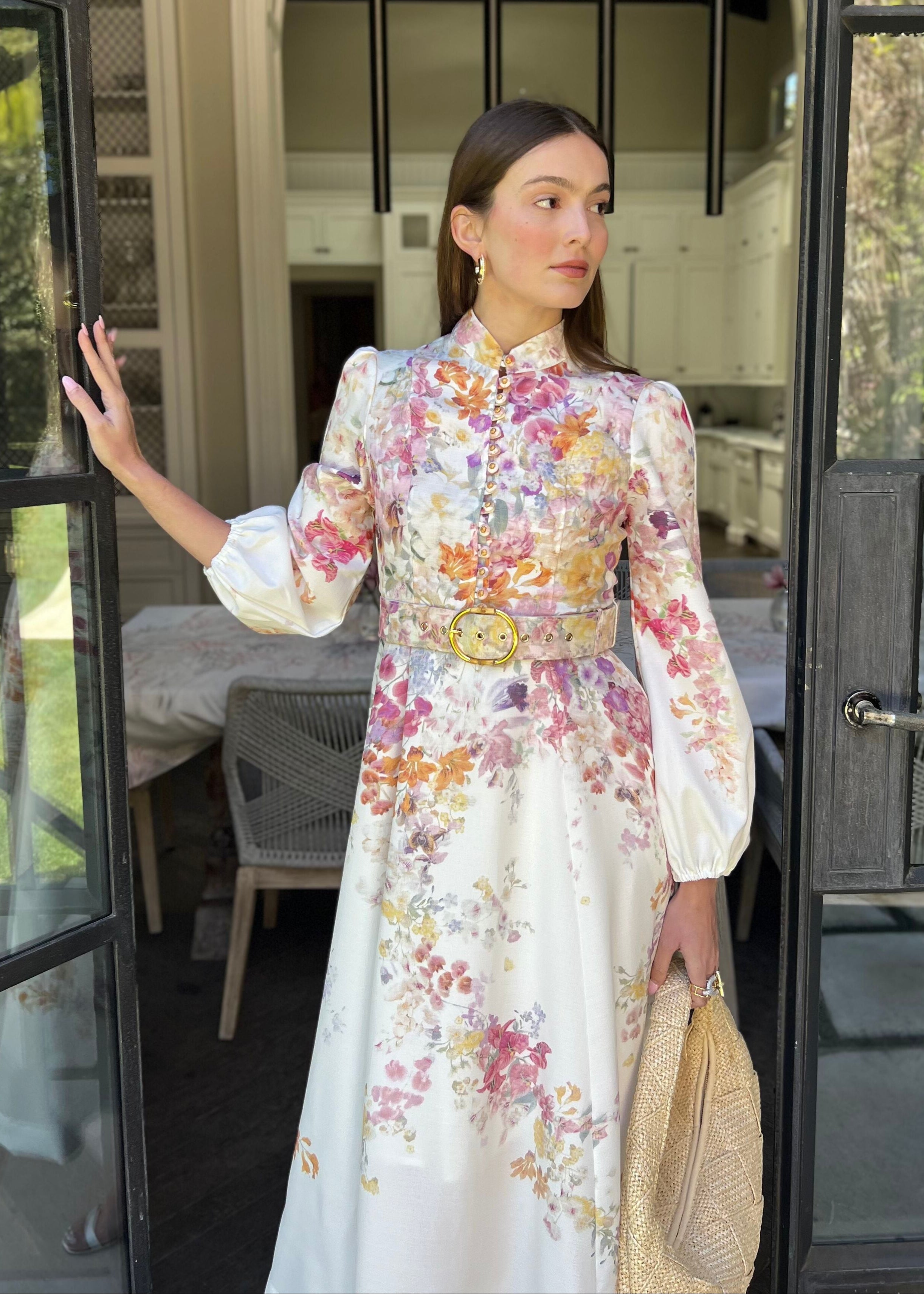 Anastasia Long Puff Sleeve Multicolor Floral Midi Dress