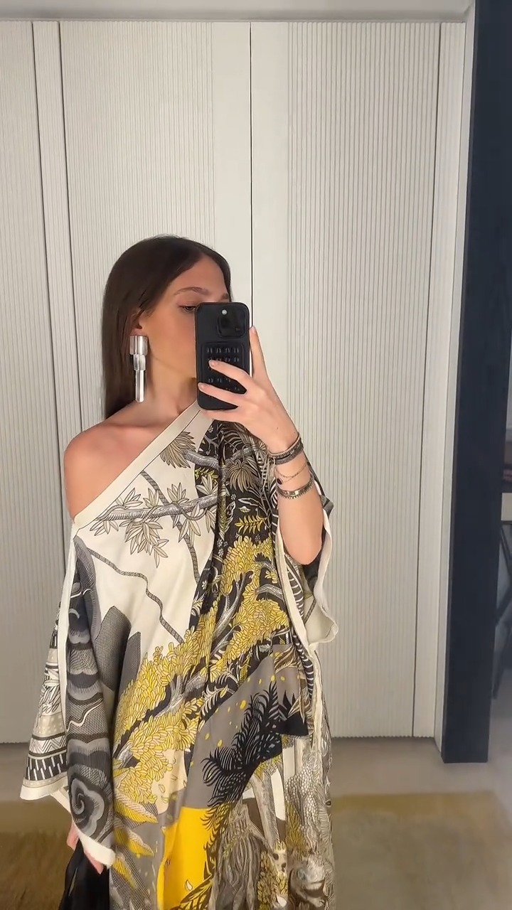 One-Shoulder Shawl Wrap Vintage Print Maxi Dress
