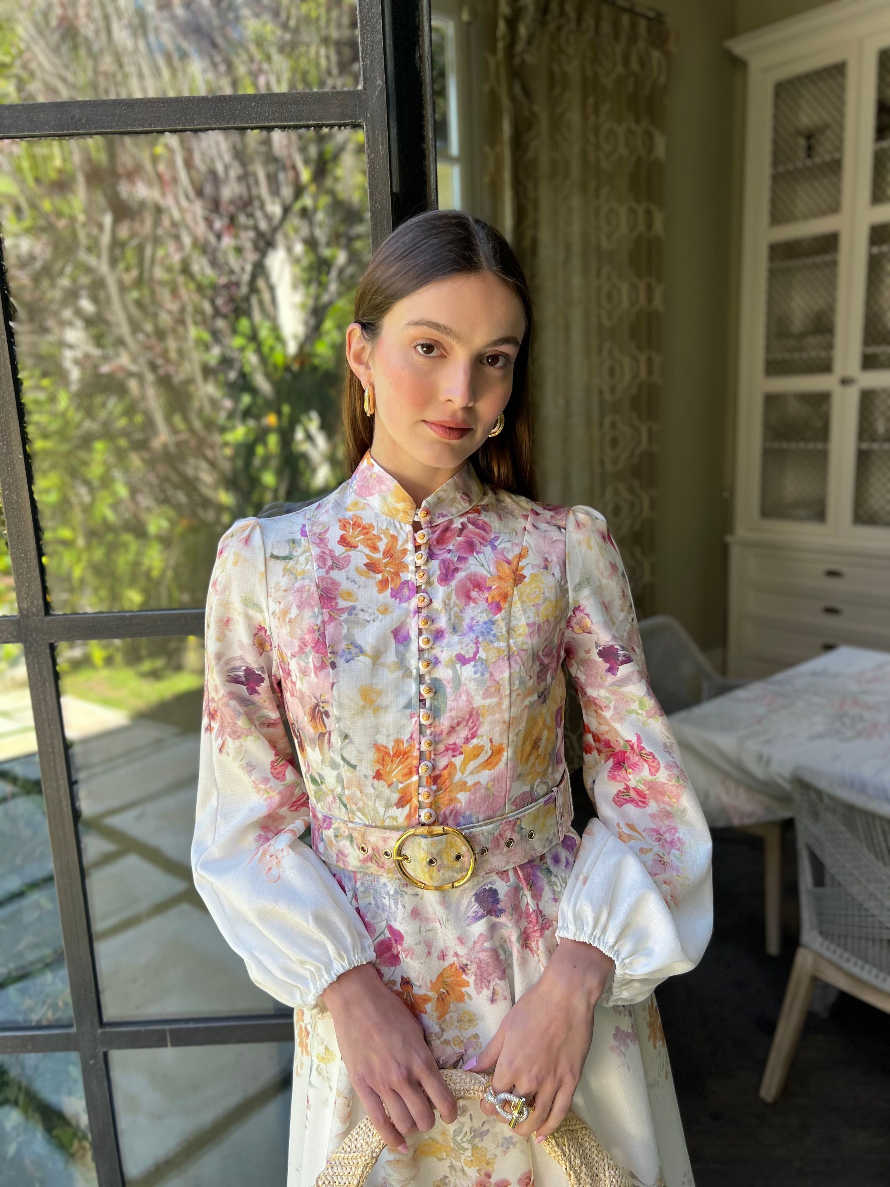 Anastasia Long Puff Sleeve Multicolor Floral Midi Dress