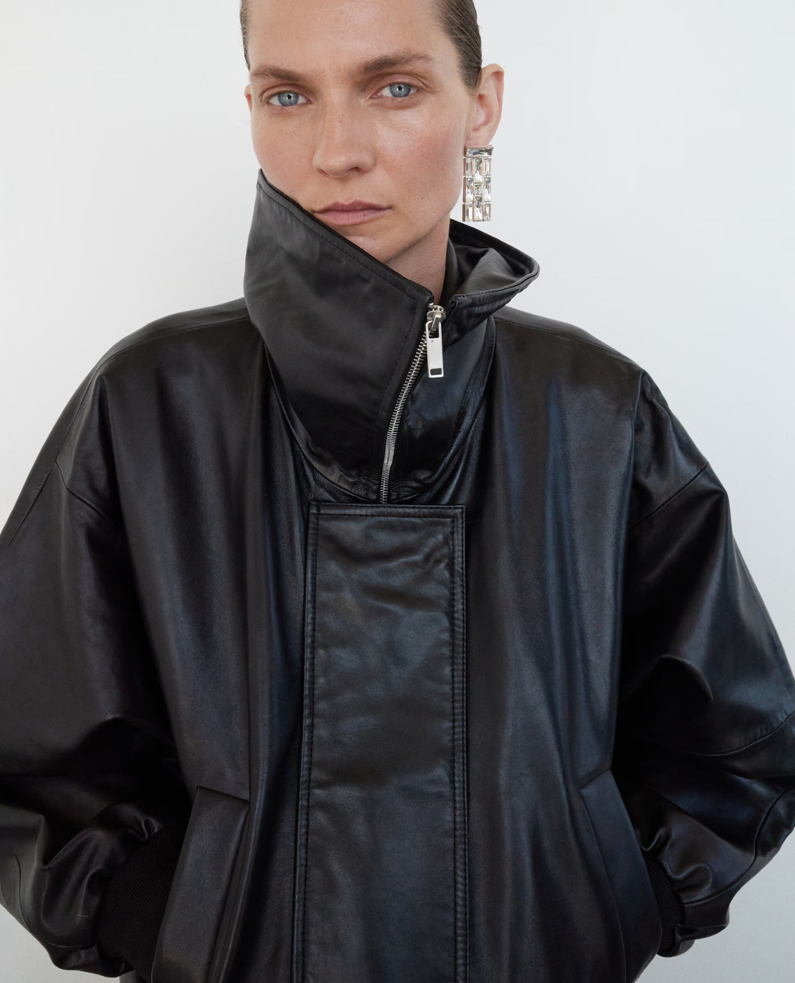 Glam High - Neck Faux Leather Oversized Jacket