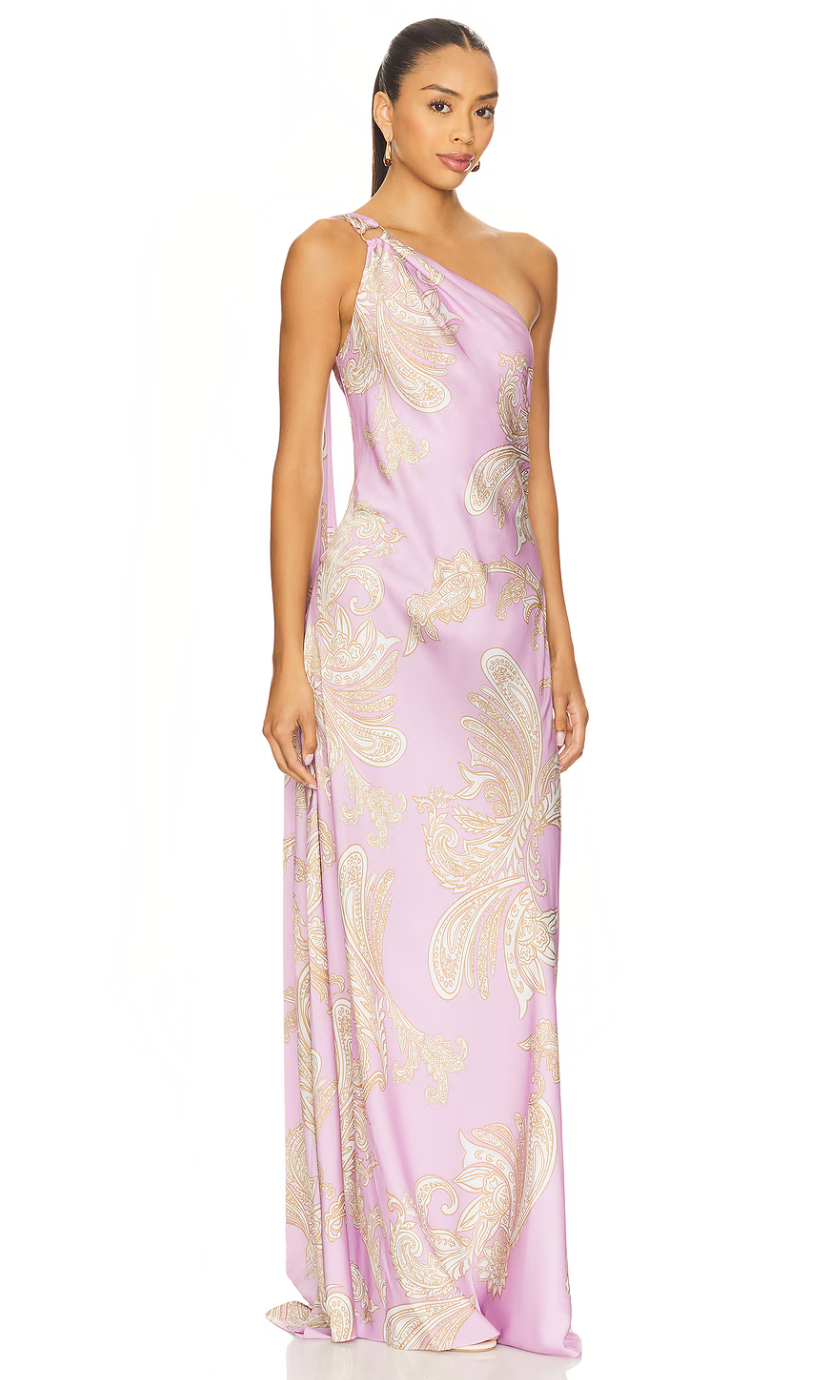 Glam One - Shoulder Paisley Print Satin Maxi Dress