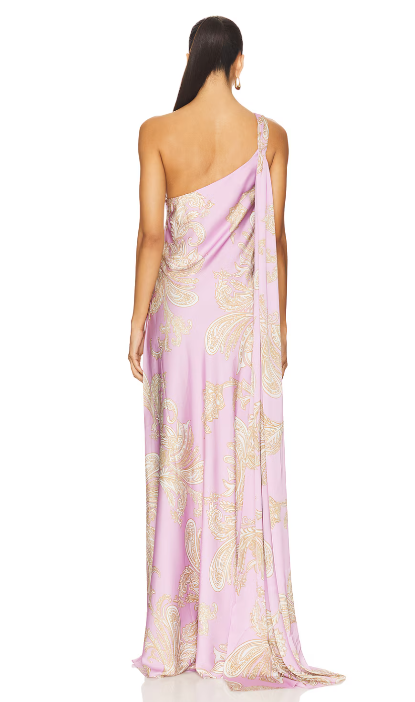 Glam One - Shoulder Paisley Print Satin Maxi Dress