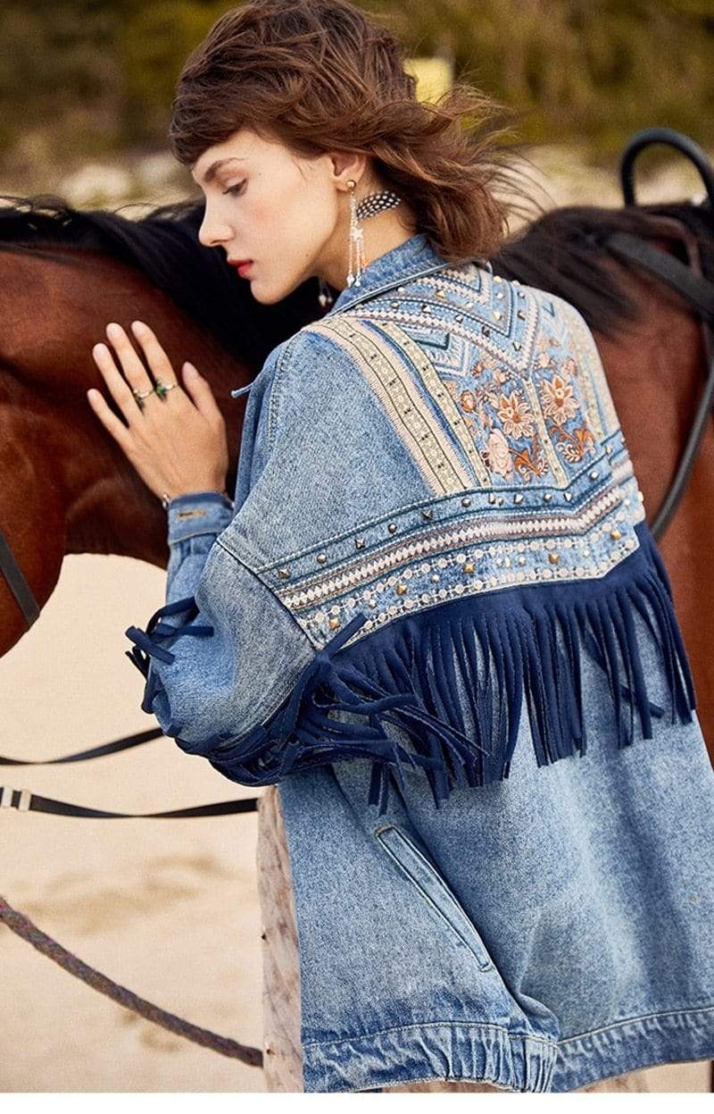 Floral Embroidered Denim Jacket-CALLISTARI