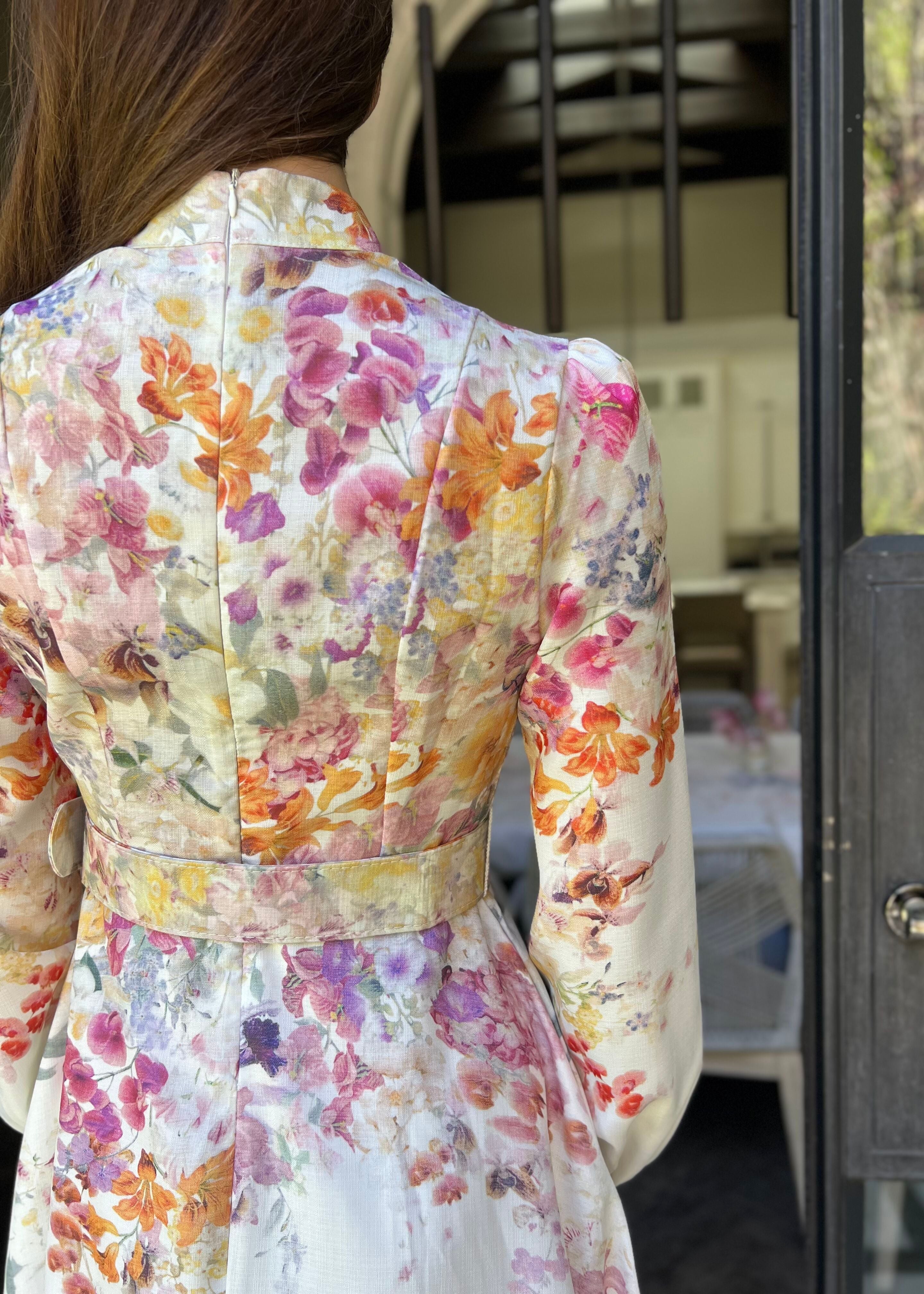 Anastasia Long Puff Sleeve Multicolor Floral Midi Dress