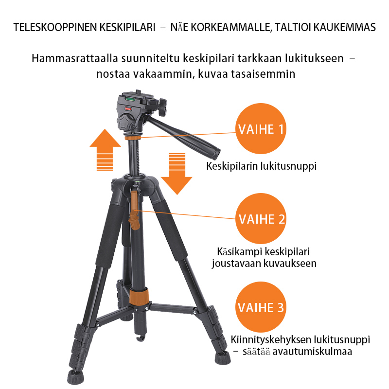 Teleskooppijalusta (jatkettavissa jopa 150 cm asti, yleiskäyttöinen)