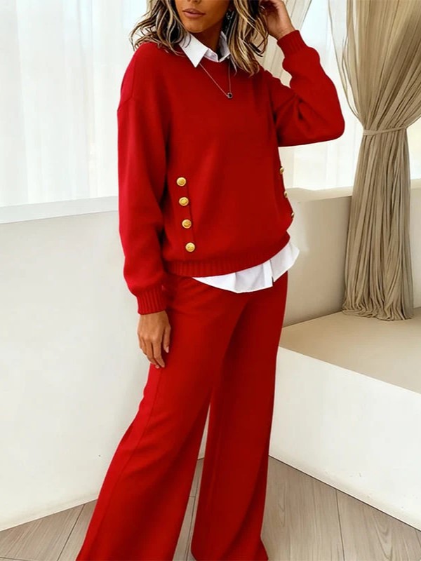 Elegant Layered Faux Shirt Knit Top and Wide-Leg Pants Set (Buy 2 Free Shipping)