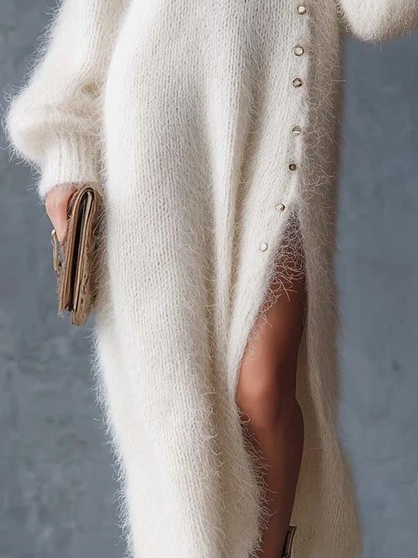 Cozy Knit V Neck Pearl Button Slit Sweater Dress (Buy 2 Free Shipping)