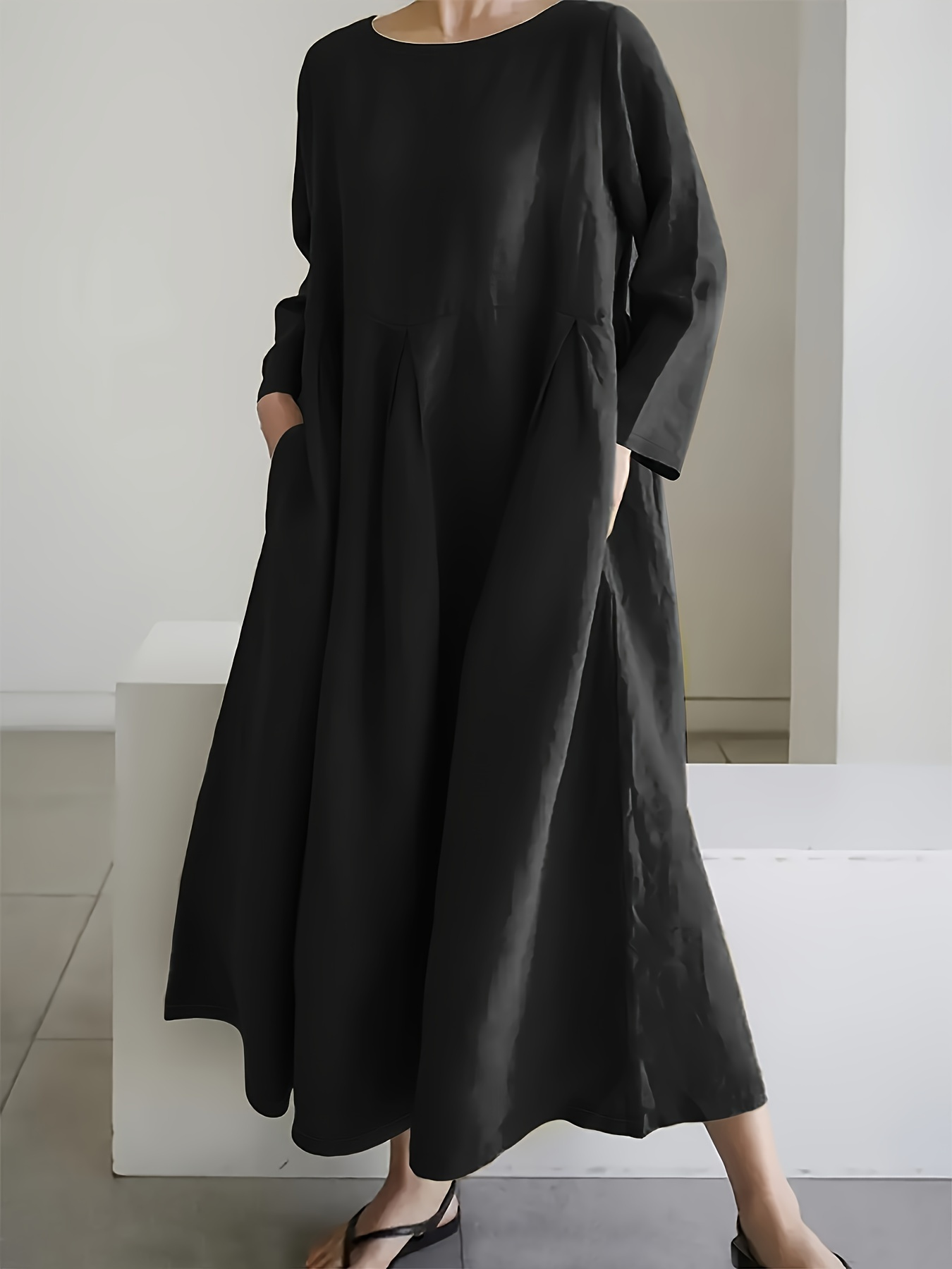 Minimalist Solid Pleated Long Sleeve Loose Maxi Dress