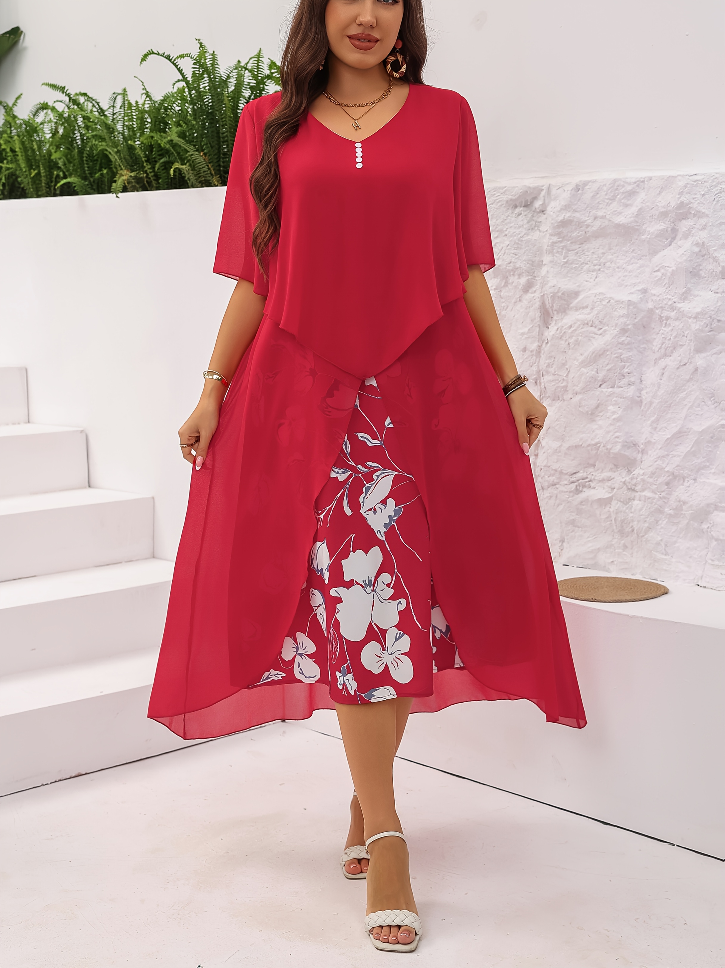 Elegant A-Line Layered Hem Floral Print Midi Dress