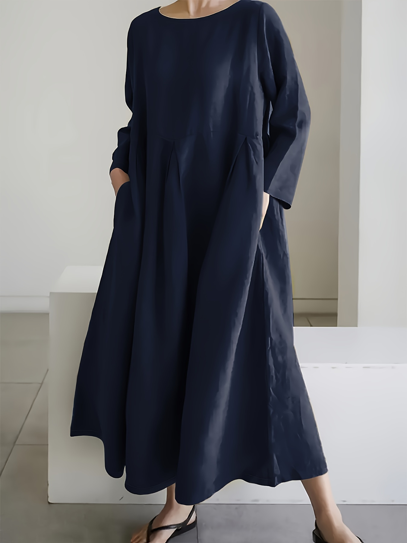Minimalist Solid Pleated Long Sleeve Loose Maxi Dress