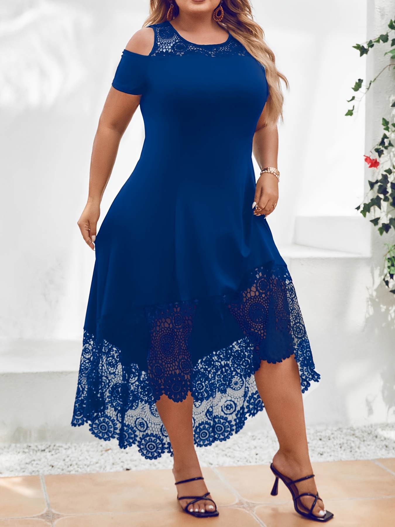 Cold Shoulder Lace Trim High Low Hem Midi Dress