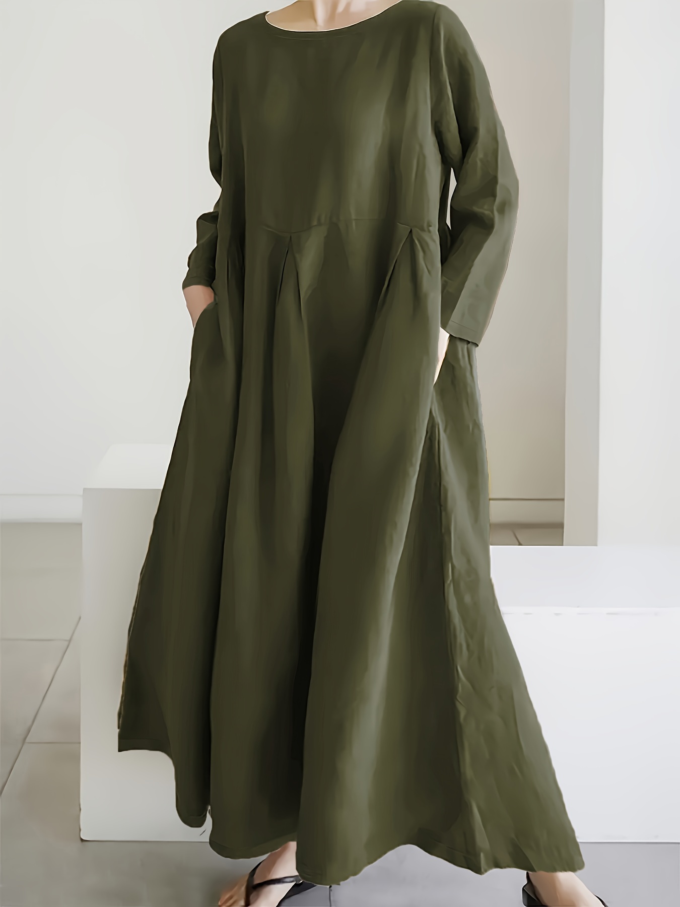 Minimalist Solid Pleated Long Sleeve Loose Maxi Dress